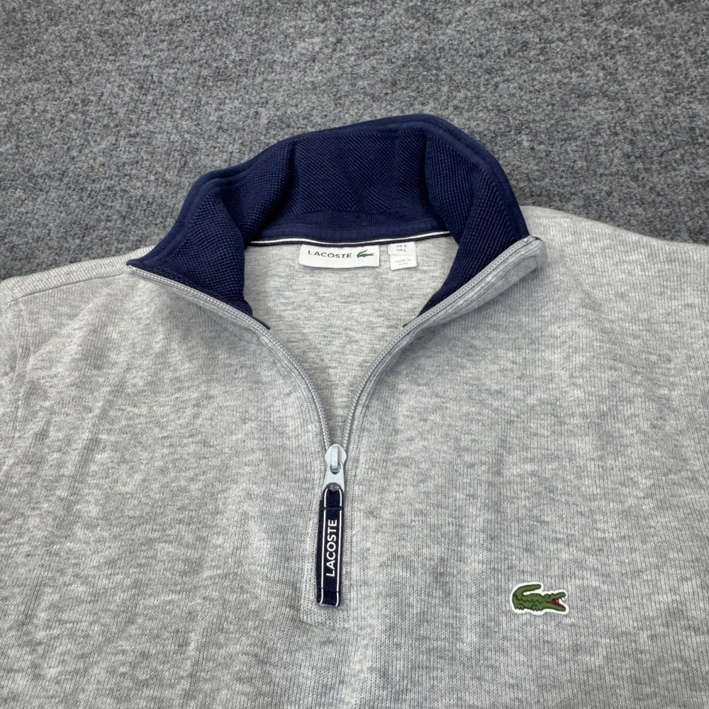 Lacoste Quarter Zip Pullover Mens Large Gray Cotton Pockets Logo Preppy Sporty